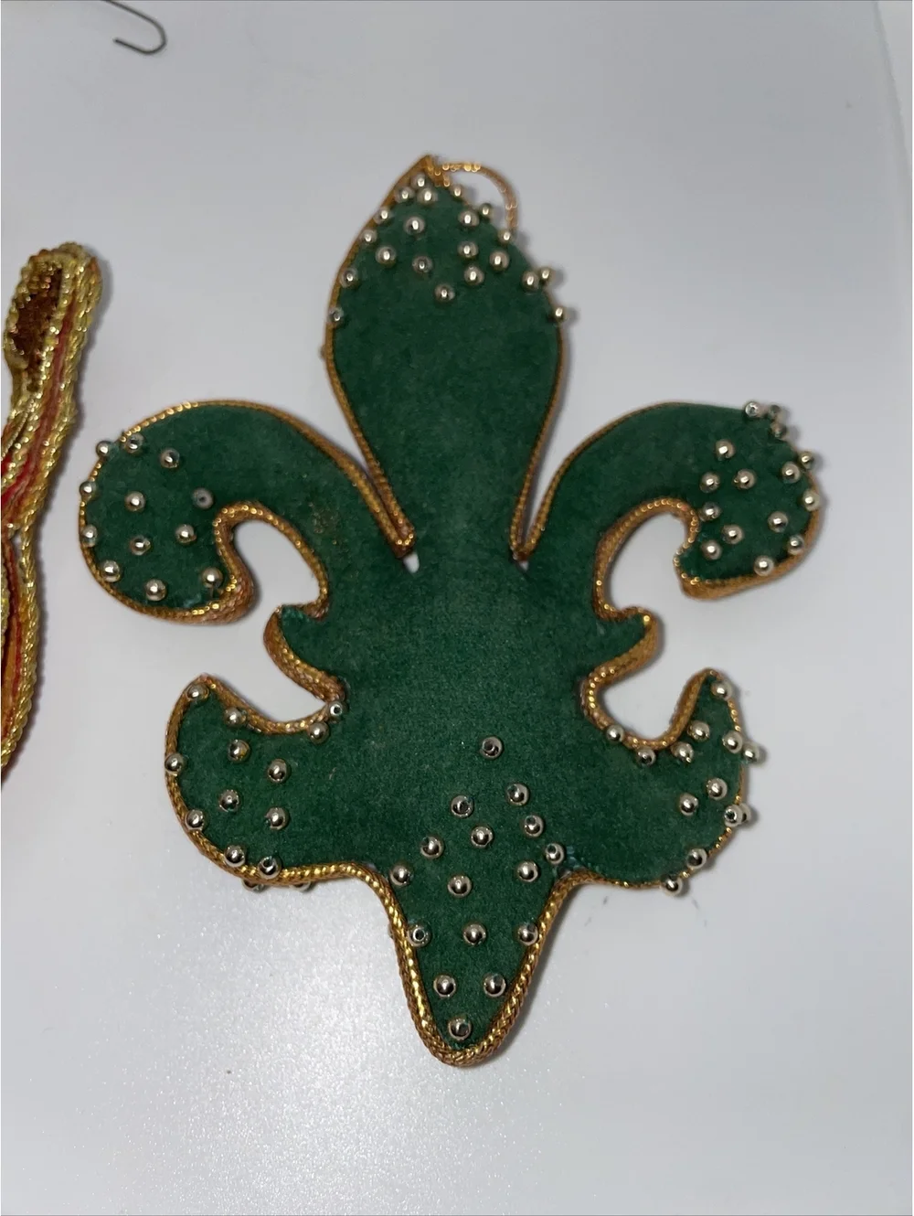 2 vintage Christmas ornaments velvet red green gold Santa Fleur De Lis